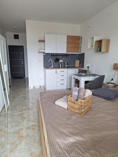 un salon avec une table et une cuisine dans l'établissement Apartman Jedro Golubac, à Golubac