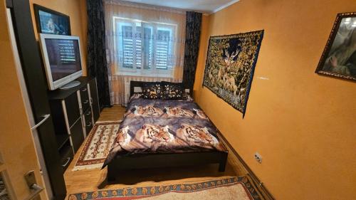 a bedroom with a bed and a tv on a wall at Casa rustică in Ludoş