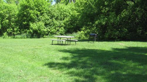 a picnic table and a chair in a field at Wellington Inn in Bracebridge