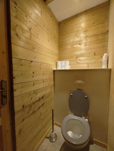 a bathroom with a toilet with a wooden wall at Appartement 75m2 - Centre-ville in Parthenay