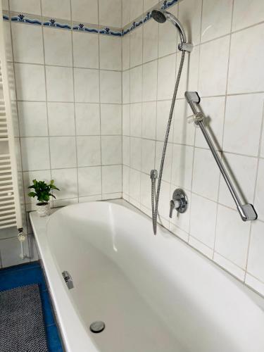 a white bath tub with a shower in a bathroom at Ferienwohnung Heilmanns Hof in Hausen