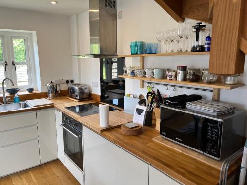 eine Küche mit einer Arbeitsplatte mit Mikrowelle in der Unterkunft Maes Y Grove Cottage in Llanddarog