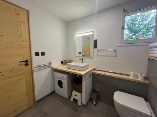 a bathroom with a sink and a washing machine at Gîtes du Grand Replomb in Sainte-Agnès