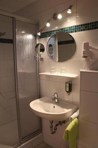a bathroom with a sink and a shower at Hametner mit Innviertlerhaus mit Thermenzugang in Bad Hall