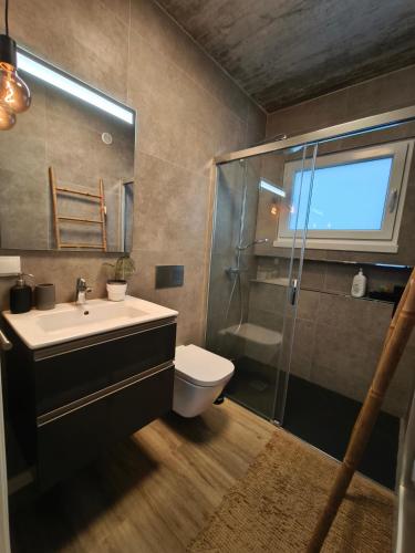 a bathroom with a toilet and a sink and a shower at Ritual do Mar - Quarto com WC - Baleal & Peniche in Ferrel