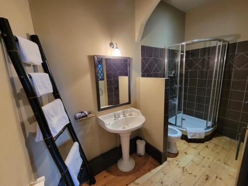 une salle de bain avec un lavabo, une douche et des toilettes dans l'établissement Le Temps des Cerises, à Génolhac