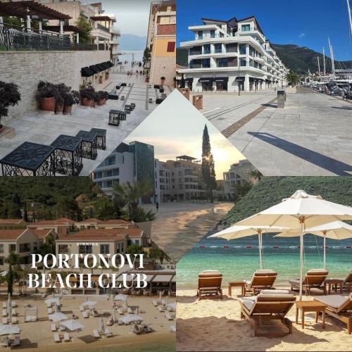 a collage of images of a beach with chairs and an umbrella at Holiday Home Ploski in Herceg-Novi