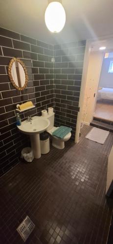 a bathroom with a sink and a toilet and a mirror at Dairy Cottage Courtyard accommodation in Bunmahon
