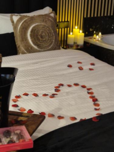 a pile of red heart shaped petals on a bed at Hotel Broer & Zus in The Hague