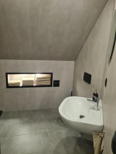 een badkamer met een witte wastafel en een raam bij Tussen poort en toren in Sneek