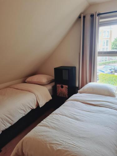 twee bedden in een kamer met een raam bij Tussen poort en toren in Sneek