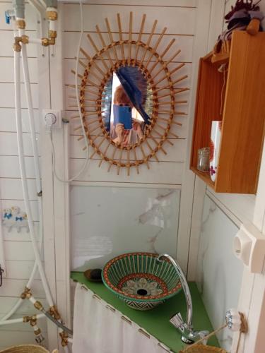 a bathroom with a mirror on the wall and a sink at Roulotte Lialou in Saint-Péray