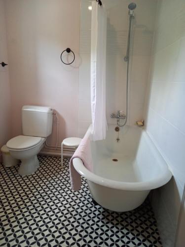 a bathroom with a white tub and a toilet at La Marjolaine in La Roche-Posay