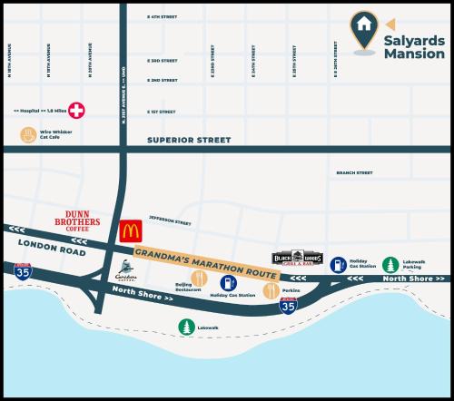 a map of the sycamore marathon route at Historic Salyards Mansion by Heirloom Boutique Collection in Duluth