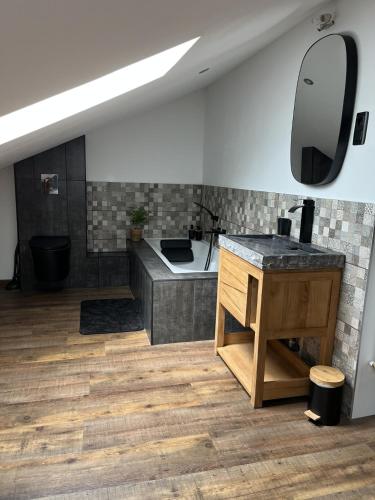 a bathroom with a sink and a mirror on the wall at Villa 170m2 avec piscine , sauna , jacuzzi , terrain de petanque in Nompatelize