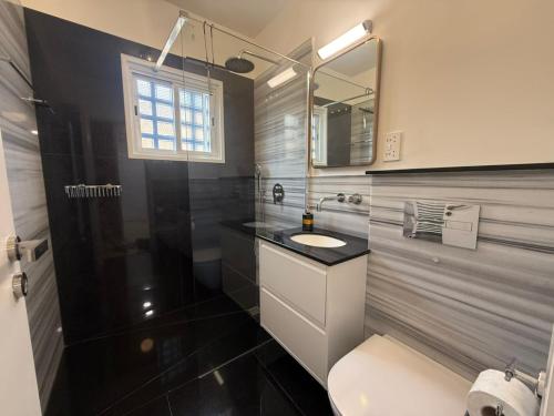 a bathroom with a toilet and a sink and a mirror at Panoramic Seaview Apartment, Chlorakas, Paphos in Chlorakas