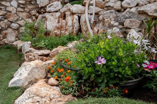 a garden with flowers and a stone wall at וילת נופש המלך שלמה in Wadi Keren