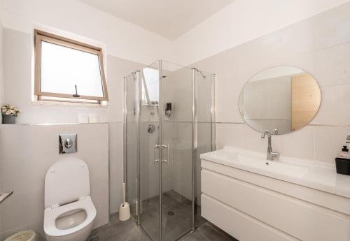 a bathroom with a toilet and a sink and a mirror at וילת נופש המלך שלמה in Wadi Keren