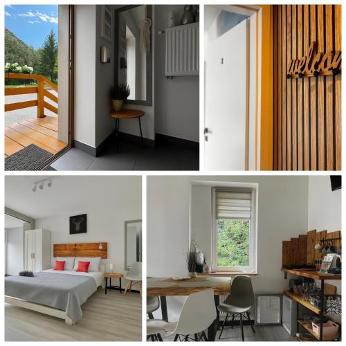 a bedroom and a living room with a bed and a table at Beskidzka Guest House in Szczyrk