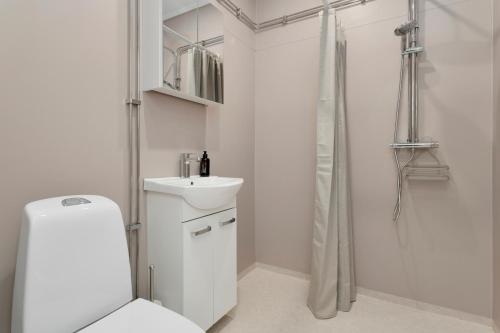 a bathroom with a toilet and a sink and a shower at HernöRum Fiskekroken - Centralt och nära E4 in Härnösand