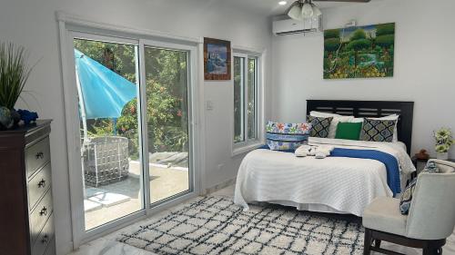 ein Schlafzimmer mit einem Bett und einem Stuhl und einem Fenster in der Unterkunft Ocean view in Nassau