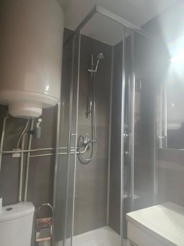 une douche avec une porte vitrée dans une salle de bain dans l'établissement studio a la montagne, à La Foux