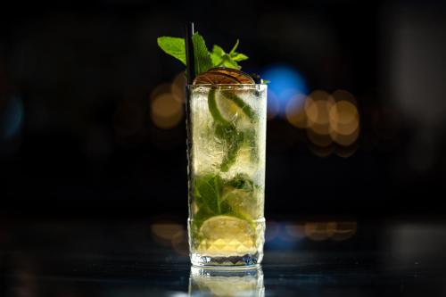 a drink with a cucumber and a garnishment at Gucio - pokoje z restauracją Szczyrk in Szczyrk