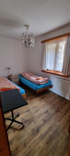 a bedroom with a bed and a window and a chandelier at Chasa Rosa in Vna