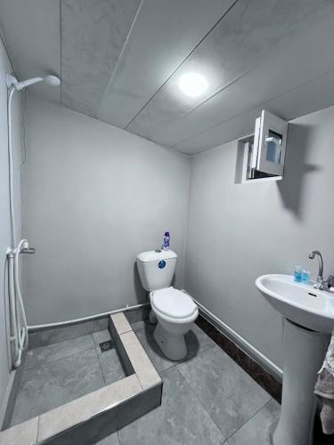 a bathroom with a toilet and a sink at Honey home in Chʼkalovka