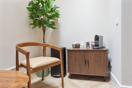 a chair and a table and a plant in a room at Boutique hotel Novi in Zandvoort