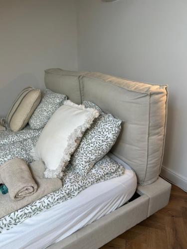 a gray couch with pillows on top of it at Le Cœur de la Ville in Poznań