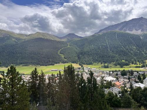 a town in a valley with mountains in the background at Chesa Flurigna - Zuoz in Zuoz