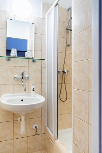 a bathroom with a sink and a shower at Hotel Macocha in Blansko