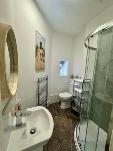 Un baño con lavabo, ducha e inodoro. en The Valley View Apartment, en Great Harwood