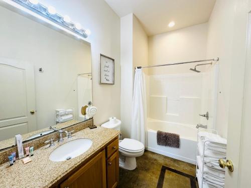 a bathroom with a sink and a toilet and a shower at Chateau 11 in Hammond