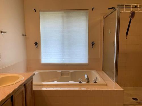 a bathroom with a tub and a shower and a sink at Cedar River Home Away From Home in Renton