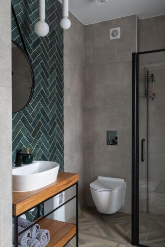 a bathroom with a sink and a toilet at Domki Miętusówka in Dzianisz