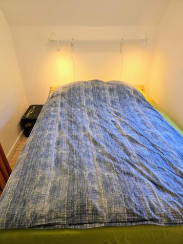 a blue blanket on a bed in a room at Irenes Anneks in Nyborg