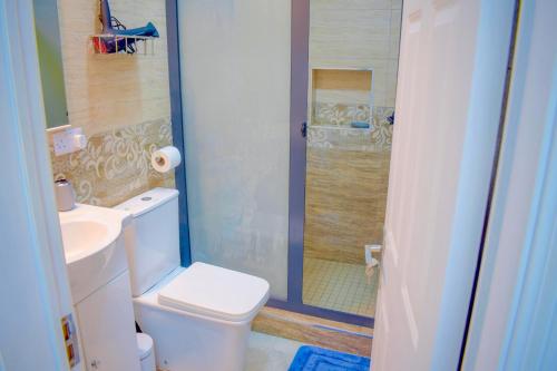 a bathroom with a toilet and a sink and a shower at Cozy Garden 5 Apartment F1 in Flic-en-Flac