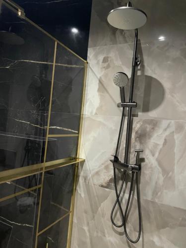 a shower in a bathroom with a glass wall at Tycoon in Matoury