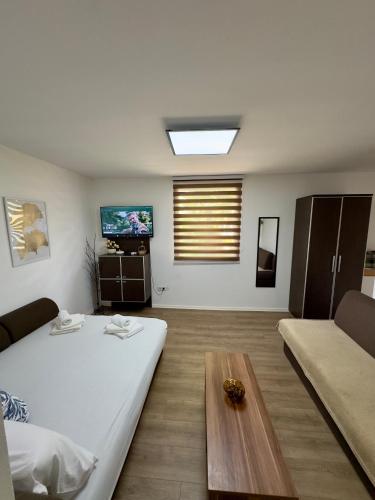 a room with a bed and a couch and a tv at Arija Apartment Sarajevo in Sarajevo