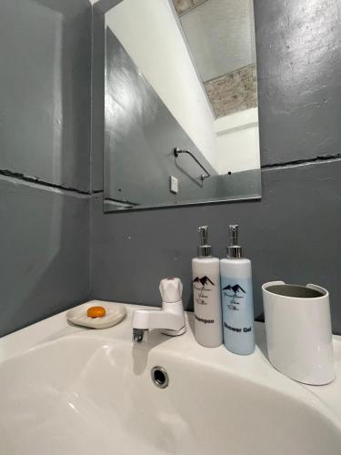 a bathroom sink with two bottles ofodorizers on it at Mountain vibe ella in Ella