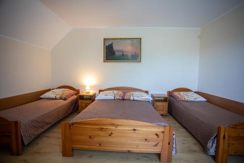 a room with two beds and a picture on the wall at Promyk Dębiny in Debina