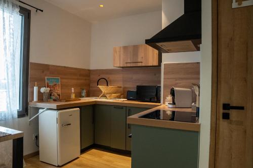 a kitchen with green cabinets and a white refrigerator at La Maison PP - Appartements in Carpentras