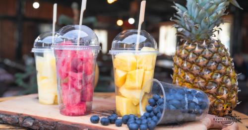 three drinks in plastic cups next to a pineapple at Hanul Ceaunelor Voronet in Voronet
