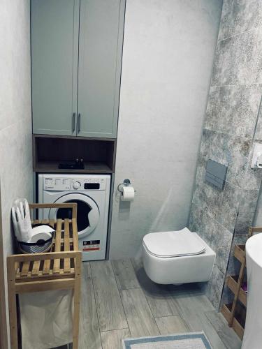 a bathroom with a toilet and a washing machine at Apartament NATALKA SPA ul Traugutta in Wrocław
