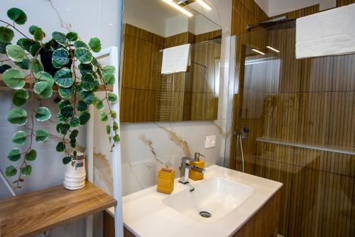 Un baño con un lavabo y una planta en maceta. en BeB Le Sirene, en Sorrento