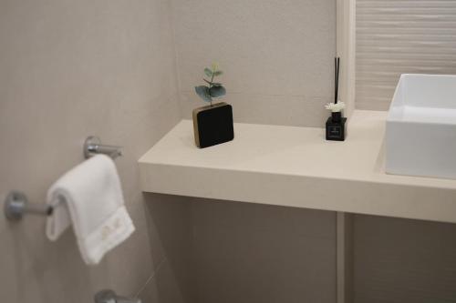 a bathroom with a white counter with a plant on it at DR Luxury Apartments in Avola