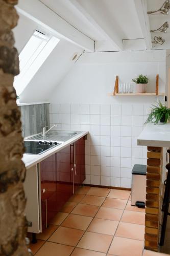 a kitchen with a sink and a stove at Le Tiny Chalet in Étampes