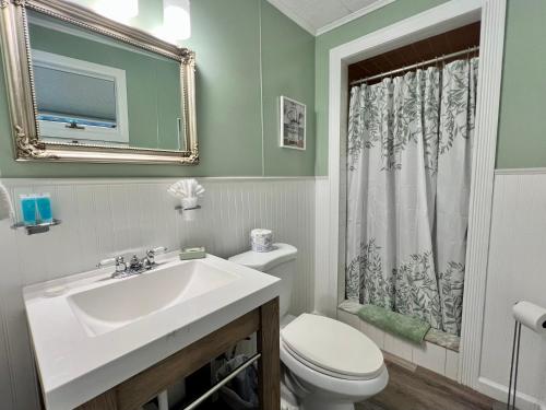 a bathroom with a sink and a toilet and a mirror at Green Acre Motel in Lake George